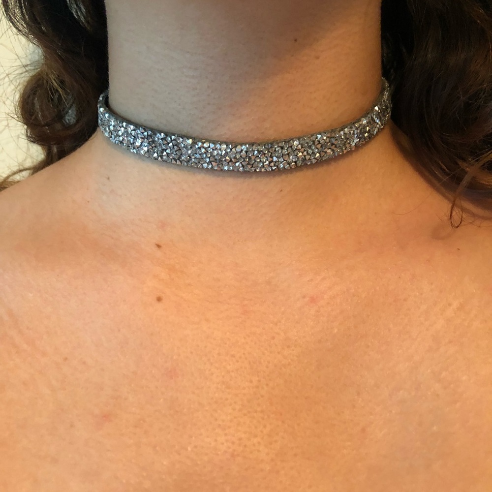 Silver Diamond Sparkly Black Choker Necklace